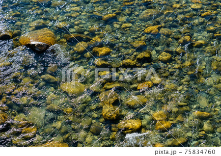 Transparent fresh mountain stream with stones at the bottom Transparent fresh mountain stream with stones at the bottom 75834760