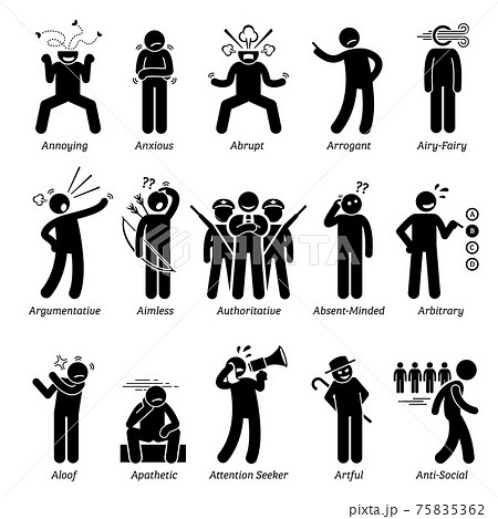 Negative Bad Personalities Character Traits. Stick Figures Man Icons. Starting with the Alphabet A. Negative Bad Personalities Character Traits. Stick Figures Man Icons. Starting with the Alphabet A. 75835362