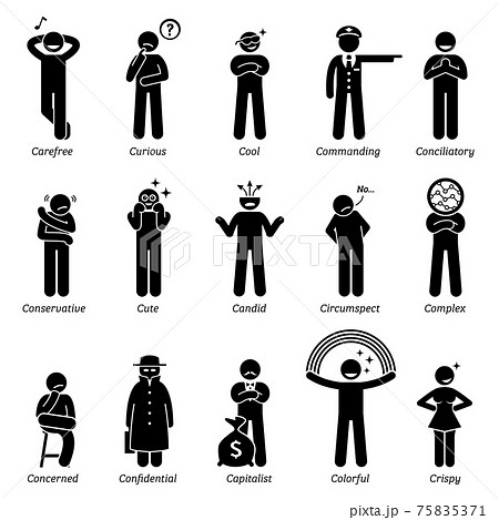 Neutral Personalities Character Traits. Stick Figures Man Icons. Starting with the Alphabet C.  75835371