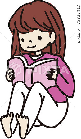 座って本を読む女の子のイラストのイラスト素材