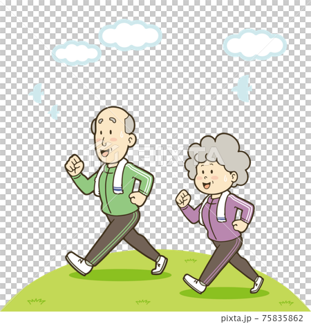 ウォーキングで体を動かすシニア世代の夫婦のイラストのイラスト素材