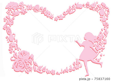 ハートの花と少女のシルエットのかわいいフレームイラスト 横のイラスト素材