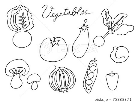 一筆書き 野菜01 白黒 モノクロ トマト ピーマン かぶ シイタケ などのイラスト素材 7571