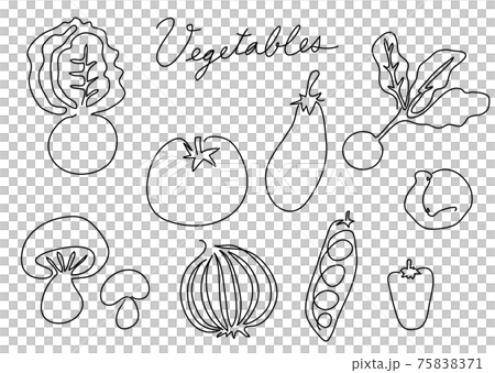 One-stroke vegetables 01 (black and white, monochrome) tomatoes, turnips, shiitake mushrooms, etc. 75838371