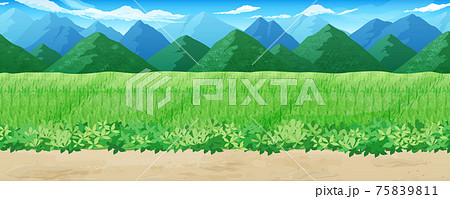 田んぼと山の風景イラスト あぜ道 横スクロールゲームの背景 シームレスのイラスト素材