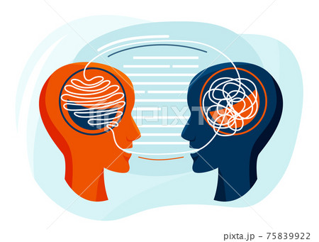 Mental health vector illustration. Two humans head silhouette talk each other, psychotherapy design concept. The psychiatrist untangle the patient thoughts Mental health vector illustration. Two humans head silhouette talk each other, psychotherapy design concept. The psychiatrist untangle the patient thoughts 75839922