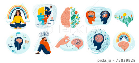 Mental health set vector background. Collection of different illustration with sad and happy people, two side brain, doctor add together puzzle of human head, psychotherapy, connection mind concept 75839928