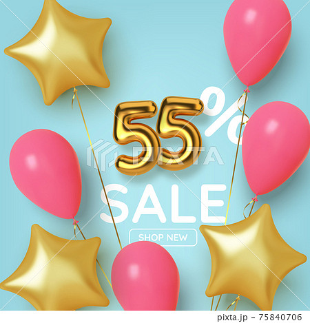 55 off discount promotion sale made of realistic 3d gold number with balloons and stars. Number in the form of golden balloons. Vector 75840706
