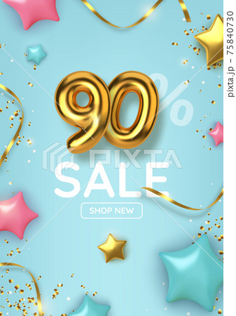 90 off discount promotion sale made of realistic 3d gold balloons with stars, sepantine and tinsel. Number in the form of golden balloons. Vector 75840730