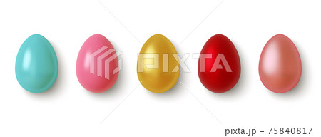 Set of 3D realistic, golden, pink, blue and red Easter eggs isolated on white background. Vector 75840817