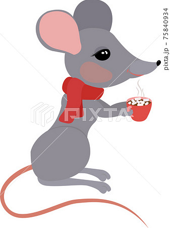 Cute gray cartoon rat or mouse with hot chocolate cup with marshmallows. Christmas greeting card design element. Cute gray cartoon rat or mouse with hot chocolate cup with marshmallows. Christmas greeting card design element. 75840934