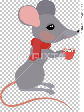 Cute gray cartoon rat or mouse with hot chocolate cup with marshmallows. Christmas greeting card design element. Cute gray cartoon rat or mouse with hot chocolate cup with marshmallows. Christmas greeting card design element. 75840934