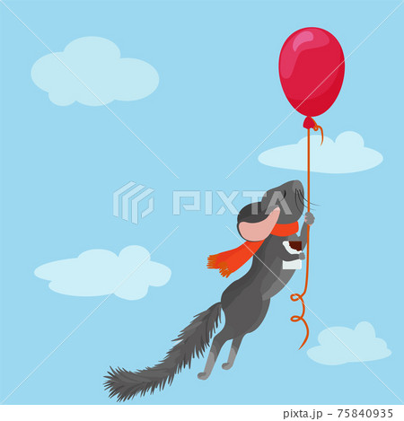 cute gray chinchilla in a red scarf with chocolate flies on a red balloon on blue sky 75840935
