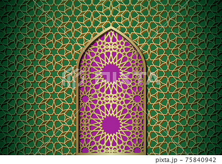Abstract background with door, islamic ornament, arabic geometric pattern or texture. Golden lined tiled motif over colored background with gate. 75840942