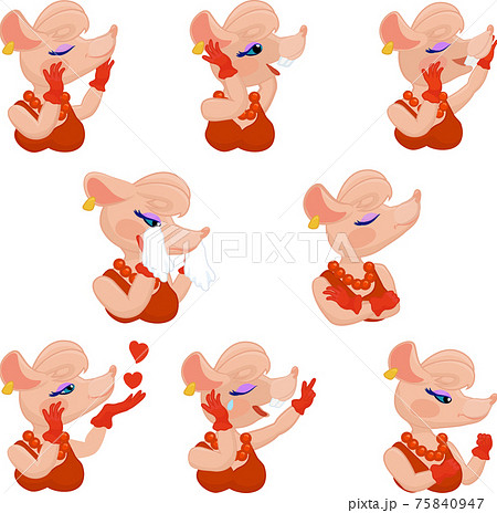 Pink glamor rat lady  or mouse set of smiles different emotions 75840947