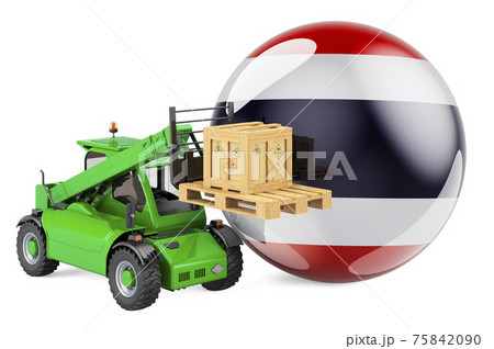 Thai flag with telescopic handler truck and parcel. Cargo shipping in Thailand concept, 3D rendering 75842090