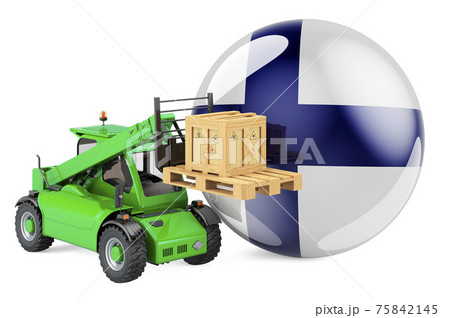 Finnish flag with telescopic handler truck and parcel. Cargo shipping in Finland concept, 3D rendering Finnish flag with telescopic handler truck and parcel. Cargo shipping in Finland concept, 3D rendering 75842145