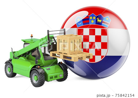 Croatian flag with telescopic handler truck and parcel. Cargo shipping in Croatia concept, 3D rendering 75842154