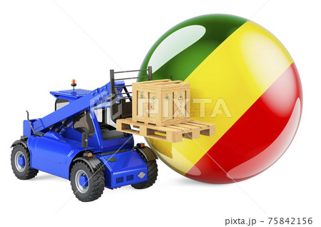 Congo flag with telescopic handler truck and parcel. Cargo shipping in Congo concept, 3D rendering Congo flag with telescopic handler truck and parcel. Cargo shipping in Congo concept, 3D rendering 75842156