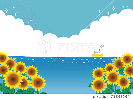 夏の海と入道雲と空と向日葵の風景イラストのイラスト素材