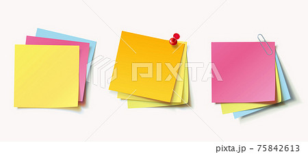 Stack of color stickers attached pushpin and paperclip Stack of color stickers attached pushpin and paperclip 75842613