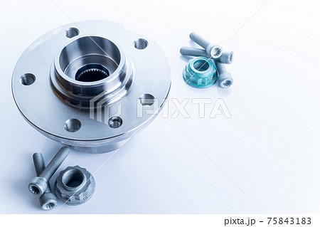 Auto mechanic. Set of new metal car part. Auto motor mechanic spare or automotive piece isolated on white background. Automobile engine service. 75843183