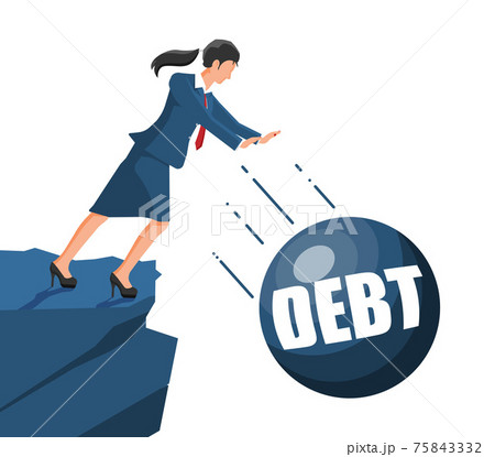 Businesswoman pushing debt weight out. 75843332