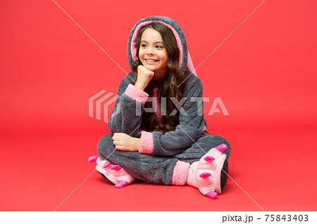 Joyful girl. Child rabbit kigurumi. Happy girl bunny pajamas. 75843403
