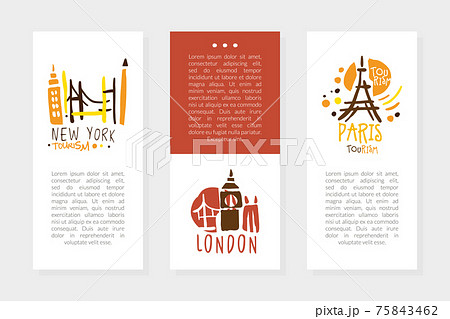 New York, London, Paris Tourist Brochure Template, Promo Flyer, Booklet, Leaflet Layout Vector Illustration 75843462