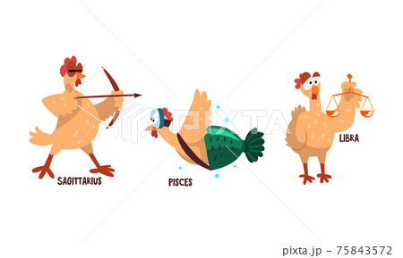 Zodiac Signs Set, Sagittarius, Pisces, Libra, Funny Turkey Character, Chinese Horoscope Elements Cartoon Vector Illustration 75843572