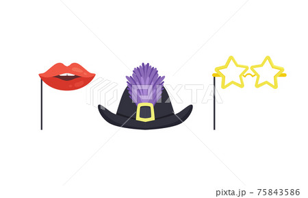 Set of Masquerade Party Costume Accessories, Hat with Feathers, Red Lips on Stick, Star Shaped Cartoon Vector Illustration Set of Masquerade Party Costume Accessories, Hat with Feathers, Red Lips on Stick, Star Shaped Cartoon Vector Illustration 75843586