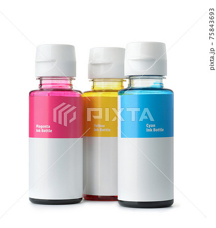 Front view of printer color ink bottles 75843693