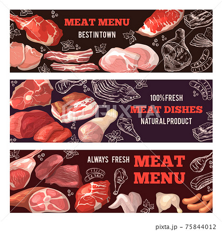 Banners with pictures of meat. Brochure design template for butcher shop 75844012