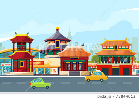 Chinese urban landscape with traditional buildings. Chinatown in cartoon style. illustrations Chinese urban landscape with traditional buildings. Chinatown in cartoon style. illustrations 75844013