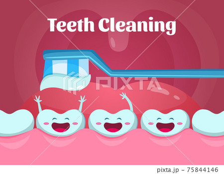 Cartoon illustrations of cute and funny teeth in mouth. Dental poster with toothbrush Cartoon illustrations of cute and funny teeth in mouth. Dental poster with toothbrush 75844146