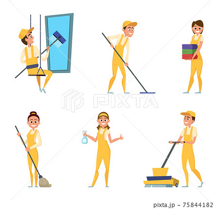 Team workers of cleaning service. Set of different characters in special clothing Team workers of cleaning service. Set of different characters in special clothing 75844182