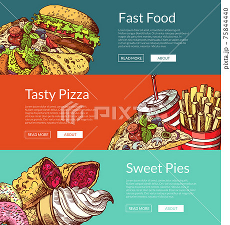 banners with fastfood burgers, ice cream, donuts and pizza banners with fastfood burgers, ice cream, donuts and pizza 75844440