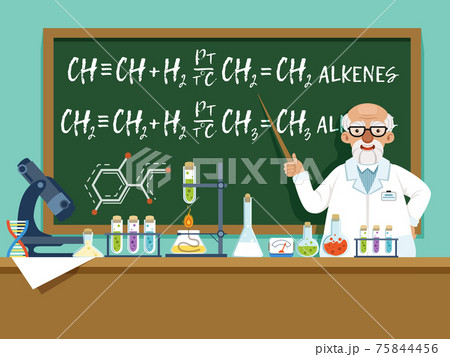 Professor in his laboratory for experiments. Medical and chemical ingredients. background illustration Professor in his laboratory for experiments. Medical and chemical ingredients. background illustration 75844456
