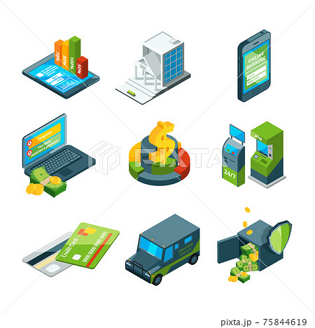 Digital banking. Online bank transaction. Digital operation. Isometric business icon set Digital banking. Online bank transaction. Digital operation. Isometric business icon set 75844619