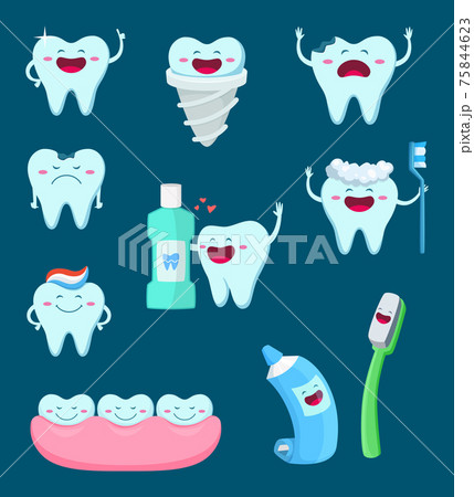 characters set of funny teeth and toothbrush. Cartoon mascot illustrations characters set of funny teeth and toothbrush. Cartoon mascot illustrations 75844623