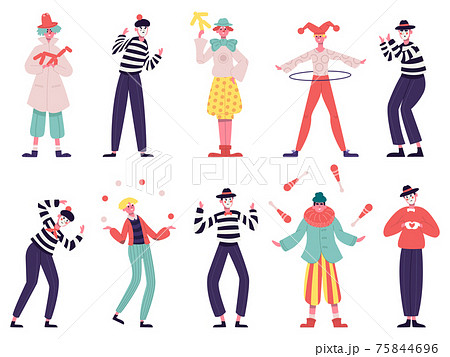 Mimes and clowns. Circus and street artists, comedy performing, juggling and magic tricks vector illustration set. Silent actors and funny clowns Mimes and clowns. Circus and street artists, comedy performing, juggling and magic tricks vector illustration set. Silent actors and funny clowns 75844696