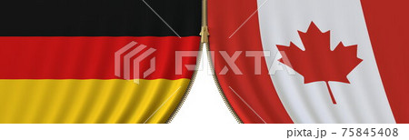 Germany and Canada cooperation or conflict, flags and closing or opening zipper between them. Conceptual 3D rendering Germany and Canada cooperation or conflict, flags and closing or opening zipper between them. Conceptual 3D rendering 75845408