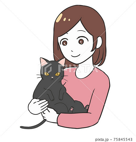 黒猫を抱っこする 女性のイラスト素材