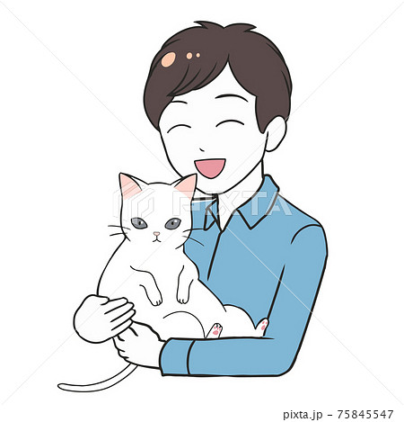 白猫を抱っこする 笑顔の男性のイラスト素材