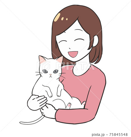 白猫を抱っこする　笑顔の女性 75845548