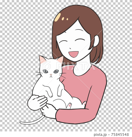 白猫を抱っこする　笑顔の女性 75845548