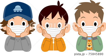 マスクを着けて頬杖をつく三人の男の子のイラスト素材 マスクを着けて頬杖をつく三人の男の子のイラスト素材