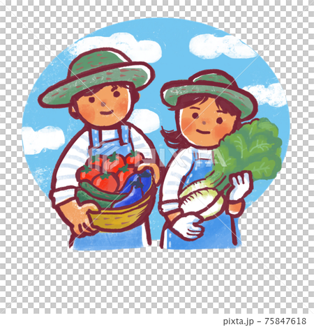 Two people holding vegetables harvested against the blue sky Two people holding vegetables harvested against the blue sky 75847618