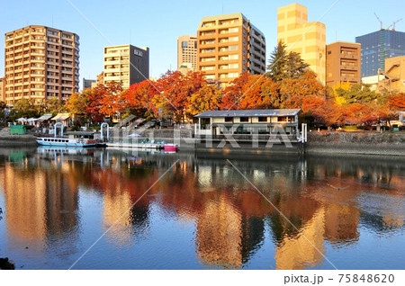 平和記念公園から見た夕日に染まる秋の広島市街 75848620