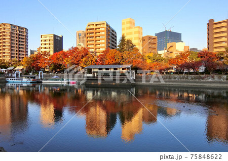 平和記念公園から見た夕日に染まる秋の広島市街 75848622